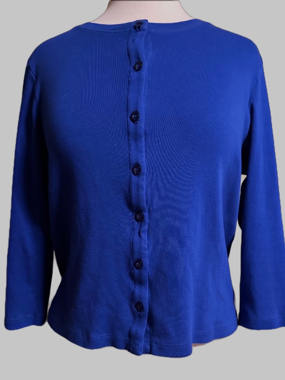 Rafaella Blue 100% Cotton Ribbed Knit Crewneck Cardigan Large